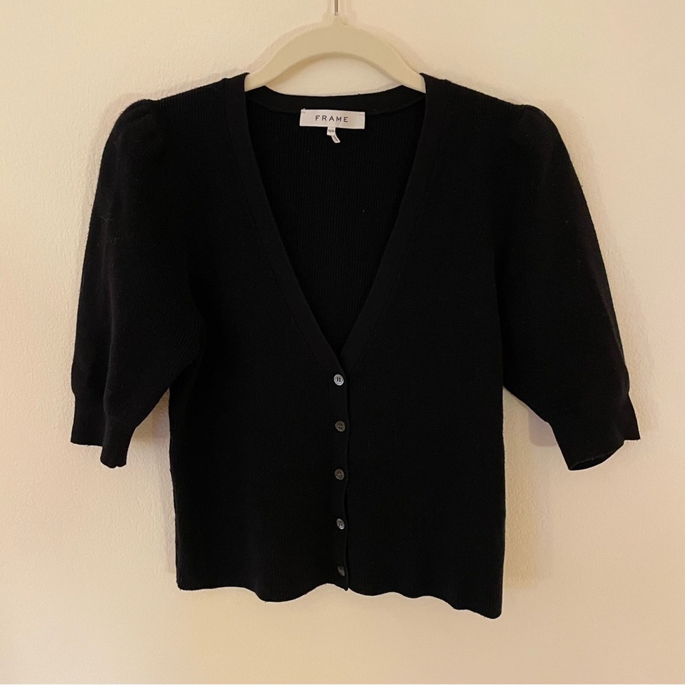 Frame Black Puff Sleeve V-Neck Button Cardigan
